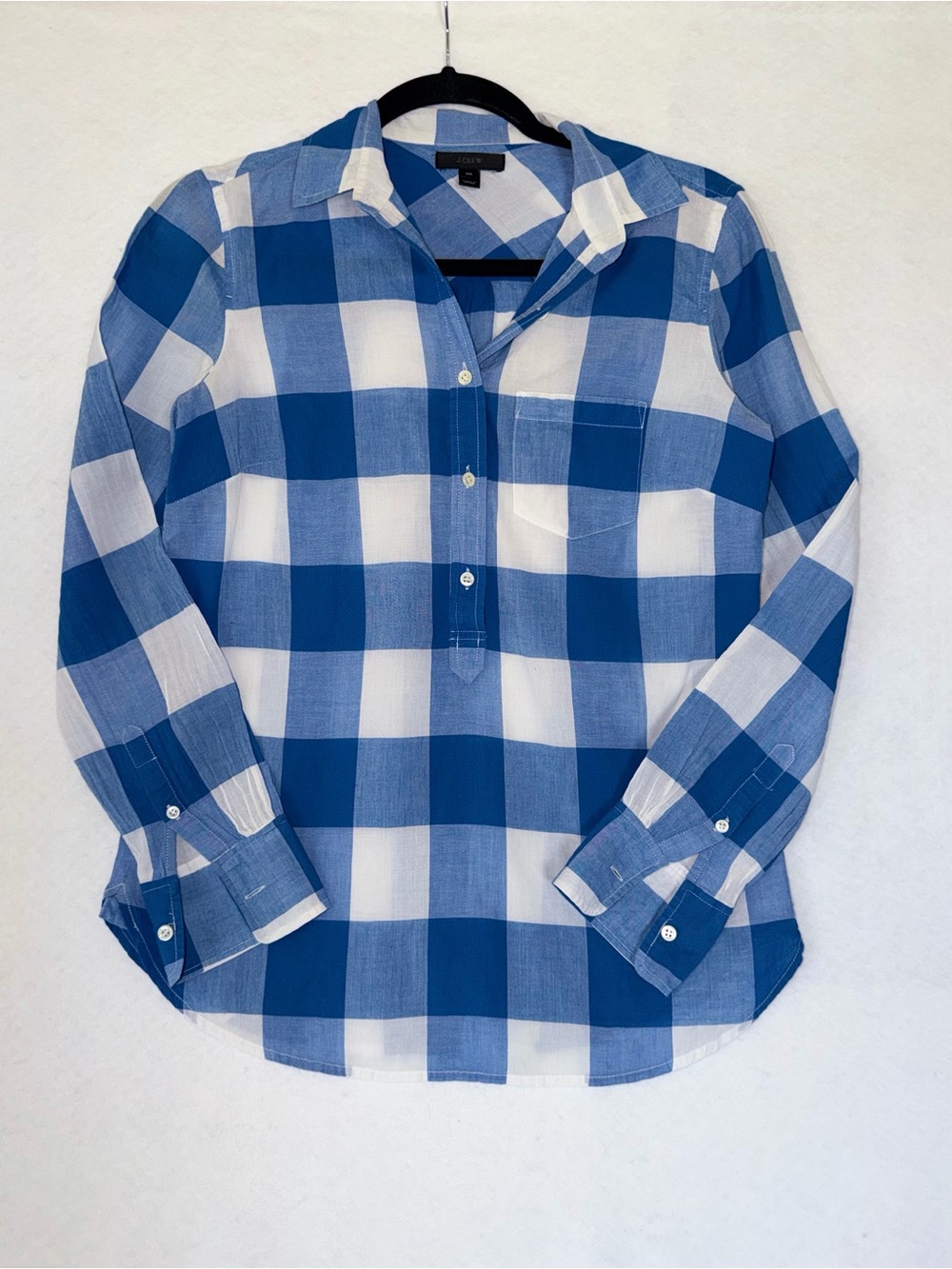 J.Crew Blue & White Buffalo Plaid Button Henley Top